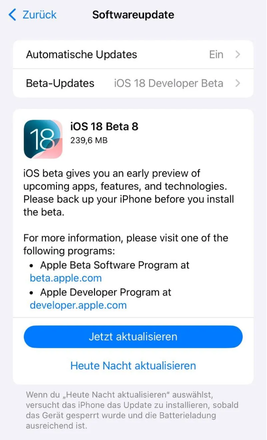 梁园苹果手机维修分享苹果 iOS / iPadOS 18 开发者预览版 Beta 8 发布 